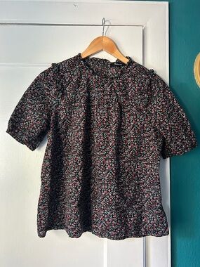 Madewell Black Floral Puff Sleeve Top with Pink and Green Accents